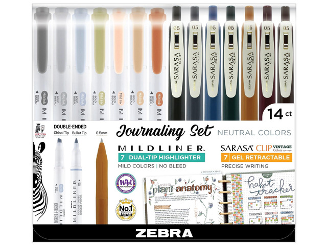 MILDLINER Highlighter & SARASA Clip Set, Neutral Vintage, 14-Pack Includes 7 SARASA Clip Vintage Gel Pens and 7 MILDLINER Neutral Highlighters,...