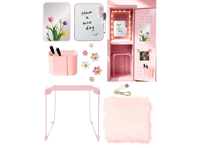 14 Pcs Pink Locker Accessories Kit with Locker Shelf Locker Organizer for Girls, Magnetic Whiteboard Mirror Rug String Light Pen Holder Flower...