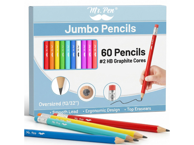 Jumbo Pencils, 60 pcs, Preschool Pencils, Large Pencil Bright Barrels and Black 2 HB Graphite Cores, Smooth Lead, Latex-Free Eraser Top with Metal...