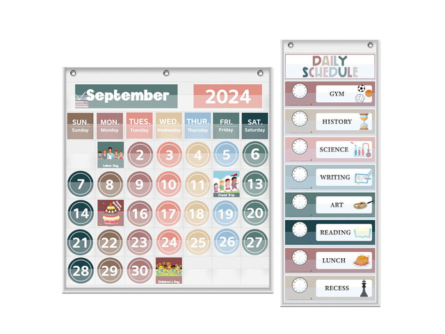 Monthly Classroom Calendar Pocket Chart (White Calendar+Schedule) Printed Days of The Week with CardsLearning for Home or Kindergarten, Teacher...
