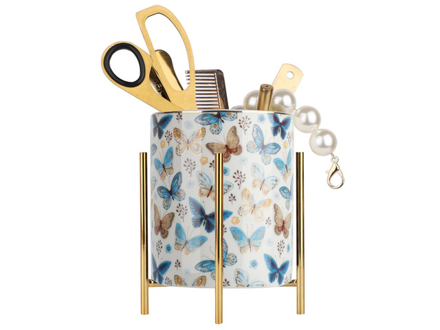 Pencil Cup Sturdy Metal frame with white Ceramic Pen Holder For Desks and kitchen Appliance Holders