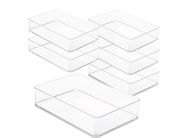 Plastic Clear Drawer Organizers. Bathroom. Kitchen, Bedroom, Utensils, Office Organizer Bins, Storage Trays. Stackable. 9' x 6' x 2' Set of 6