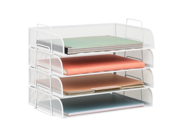 Stackable Paper Tray, Desktop Organizer, File Storage, Office, Metal Mesh, 4 Pcs., White