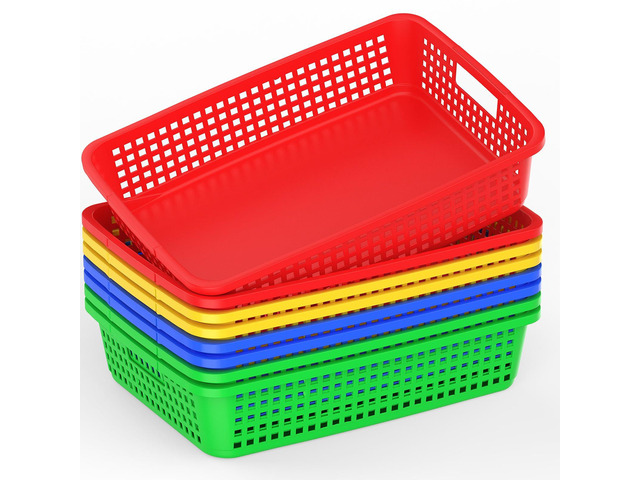 8 Pack Classroom Storage Baskets 15''x10''x3'' Large Plastic Paper Trays with Handle Letter Size A4 Paper Toy Basket Turn in Trays for Library...