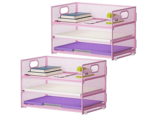 3 Tier Paper Organizer Letter Tray, Mesh File Organizer with Handle, Paper Sorter Desk Organizer for Home Office Supplies - 2p Pink