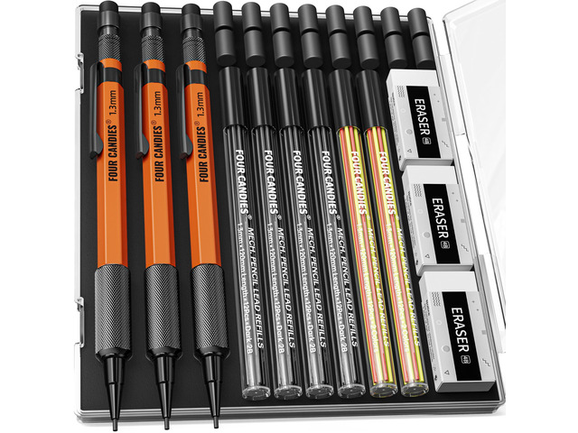 3PCS 1.3mm Metal Mechanical Pencil Set with Case (Orange) 72 Refills (Red,Black,Yellow), 3 Erasers, 16 Eraser Refills, Weatherproof Body for...