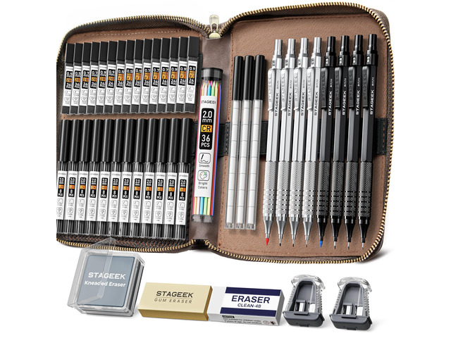 45PCS Black & Silver Metal Mechanical Pencil Set in Leather Case 8PCS Art Drafting Pencils, 0.5, 0.7, 0.9, 2.0MM Mechanical Drawing Pencils, 28...