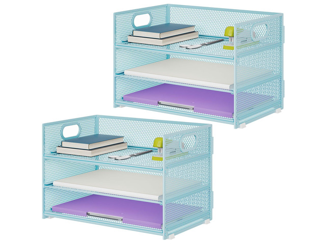 3 Tier Paper Organizer Letter Tray, Mesh File Organizer with Handle, Paper Sorter Desk Organizer for Home Office Supplies - 2p Blue
