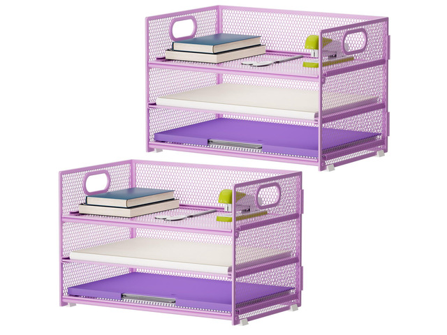 3 Tier Paper Organizer Letter Tray, Mesh File Organizer with Handle, Paper Sorter Desk Organizer for Home Office Supplies - 2p Purple