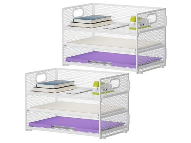 3 Tier Paper Organizer Letter Tray, Mesh File Organizer with Handle, Paper Sorter Desk Organizer for Home Office Supplies - 2p White