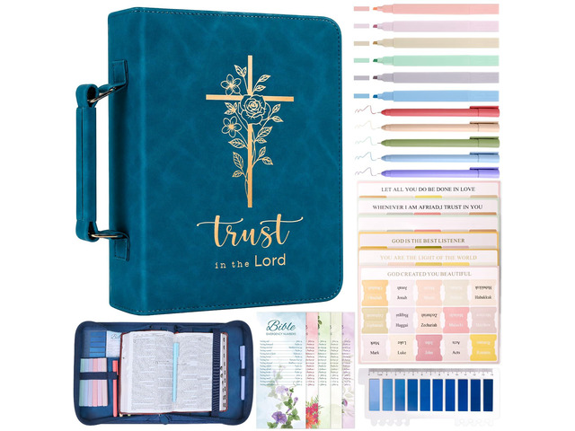 Bible Cover Case for Women Leather Bible Bag Kit Church Book Holder Blue Journaling Kit Portable Carrying Organizer with Gold-Foiled Cross, Handle,...