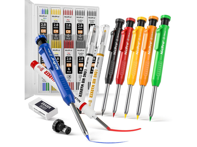 CP1000 Carpenter Pencils with Sharpener, 6 Pack ction Pencil+66 Refill & Long Nib Marker Pen, Heavy Duty Woodworking Tool Pencil for Construction...