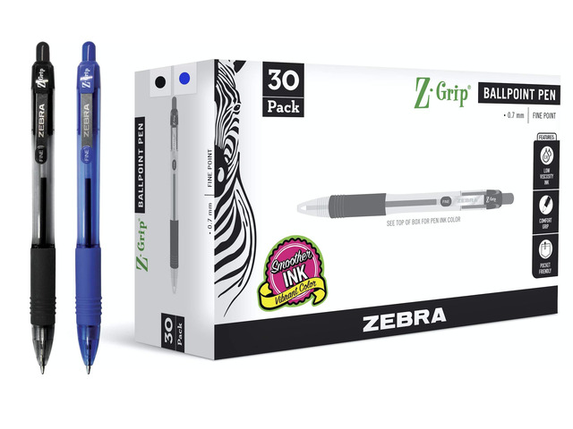 Z-Grip Ballpoint Pen, Black/Blue Ink, 0.7mm, 30 Bulk-Pack Smooth Writing, Fine Point Tip, Ideal for Planners, Note-Taking, School and Office...