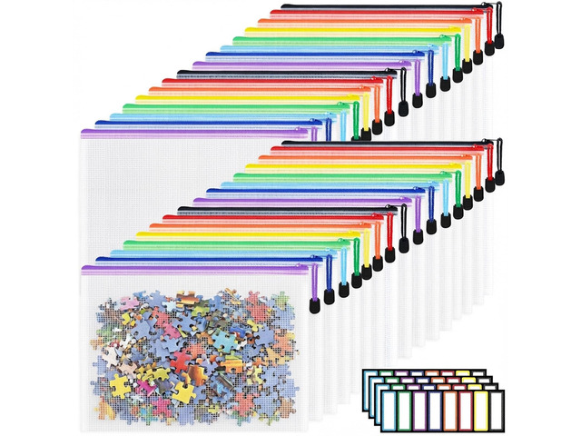 32pcs A4 Zipper Pouch Bags, Mesh Pouch Bags with Labels for Board Games & Puzzles Supplies, Waterproof Document Zipper Cases for School Toys Office...