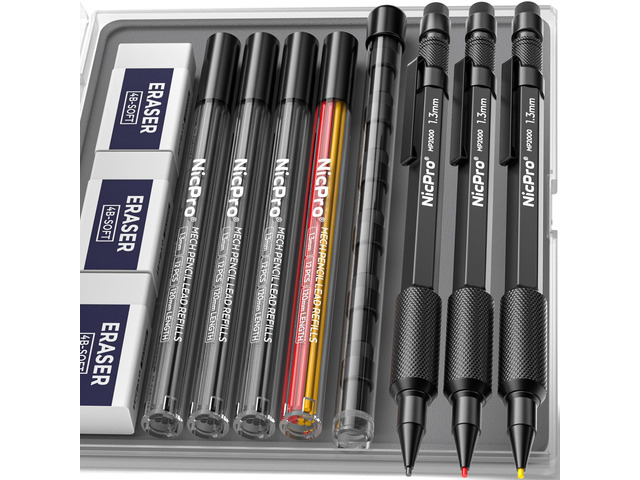 3 PCS 1.3 mm Mechanical Pencils Set with 48 Lead Refill, 3 Eraser MP2000 Black Weatherproof Metal Barrel, Heavy Duty Carpenter Pencil for Outdoor...
