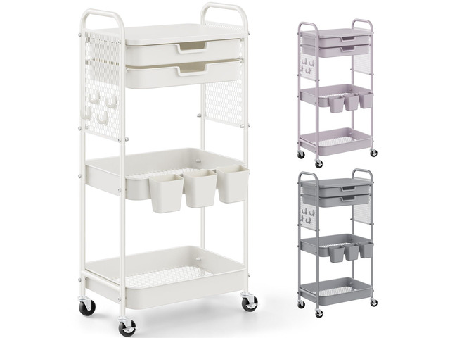 3 Tier Rolling Cart with 2 Drawers, Metal Utility Storage Carts with Wheels Kitchen Rolling Cart 4.5' Deep Basket, Mesh Side Panel with 3 Cups, 4...