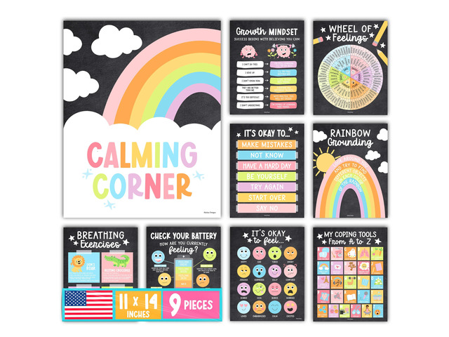 9 Calming Corner Classroom Must Haves, Coping & Feelings Poster for Kids Calm Corner Posters with Emotions Chart, School Counselor Mental Health...