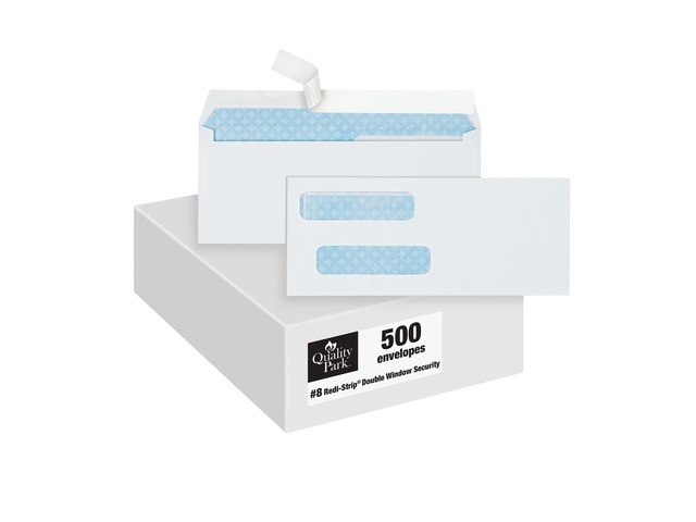 #8 Double Window Envelopes, Self Seal Security Envelopes for QuickBooks Checks, 3 5/8' x 8 11/16', 24 lb White, 500 per Box (QUA50766)