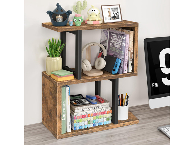 Desktop Bookshelf for Top of Desk Shelf - Brown Book Organizer 3-Tier Shelves Storage Small Bookcase Hutch for Dorm Office College