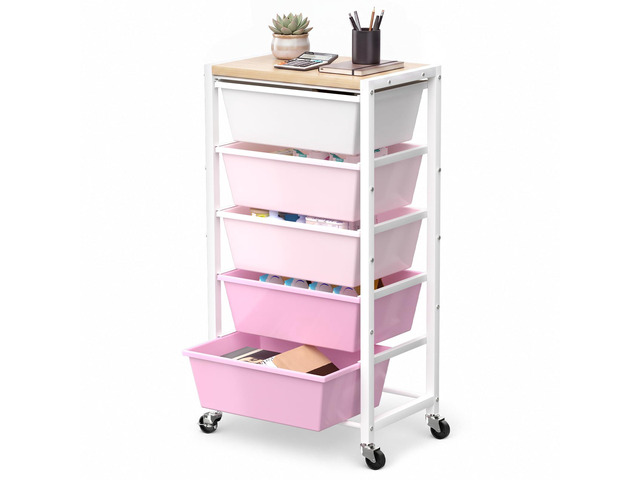 Rolling Cart with 5 Drawers, Plastic Drawer Storage Carts with Wheels & Wooden Tabletop, Metal Utility Cart for Office Bedroom Living Room...