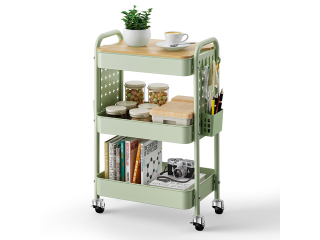 3 Tier Rolling Cart with Table top, Metal Utility Cart with DIY Pegboard Sturdy Storage Organizer Cart with Locking Wheels,Hooks& Cups for Office,...