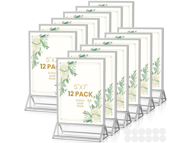 5X7 Silver Frames Double-Sided Acrylic Sign Holder12 PCS Silver Picture Frame 5x7 for Menu Holder Wedding Table Number Holder Christmas Photo...