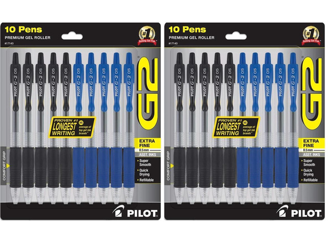G2 Pens 0.5 mm - 20 Pack of 5 Blue and 5 Black Pens Ballpoint Extra Fine Point, Refillable & Retractable