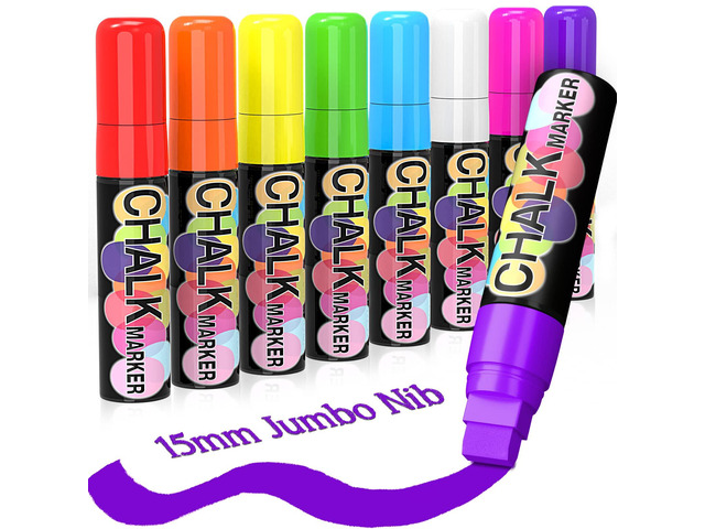Window Paint Markers for Glass Washable: 8 Pack 15mm Jumbo Liquid Chalk Marker, Neon Glass Markers Pen, Wet Erase for Cars, Auto, White Board,...