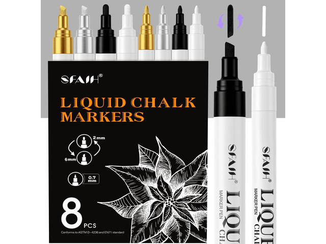 4 Colors Liquid Chalk Markers for Blackboard, Gold Silver Black White Wet Erase No Residue, 2mm/6mm Reversible & 0.7mm Fine Tip - Decorative,...