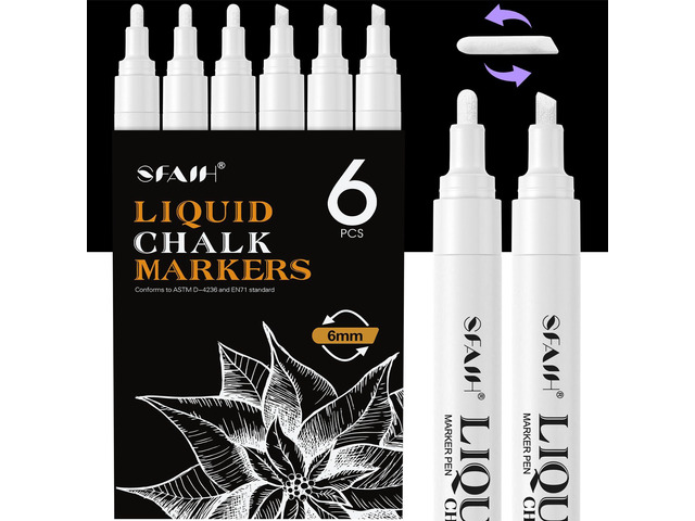 White Liquid Chalk Markers for Blackboard Glass, 6 Pack, 6mm Tip Wet Erase No Residue, Opaque Chalkboard Marker for Chalkboard, Bistro Menu,...