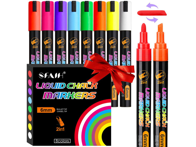 Liquid Chalk Markers for Blackboard, 8 Colors 6mm Reversible Tip Wet Erase No Residue, Opaque Chalkboard Marker for Chalkboard, Bistro Menu,...