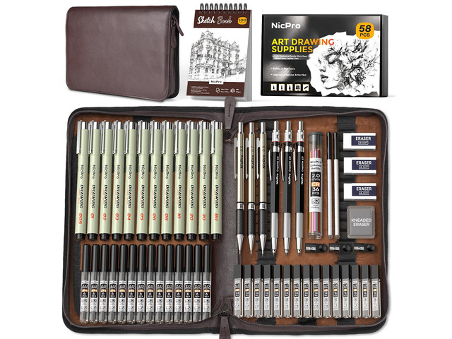 58PCS Art Drawing Supplies Kit, Leather Case, Art Supplies for Adult Sketching Kit with 12 Micron Pen, 6 Art Mechanical Pencil Set 0.3-2mm, 100...