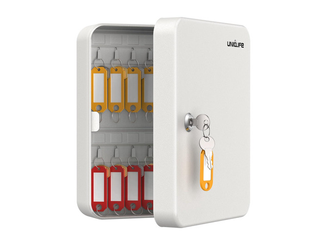 28 Position Key Cabinet with Key Lock Wall Mounted White Security Storage Box Steel Key Organizer with Colorful Key Tag Labels Stickers and Hooks