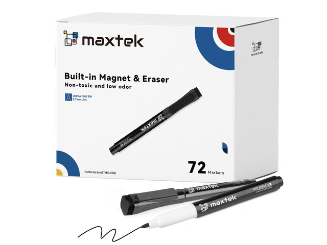 Dry Erase Markers, 72 Count, Black, Ultra Fine Tip 0.7mm Magnetic with Eraser, Extra Fine Point Thin, Low Odor