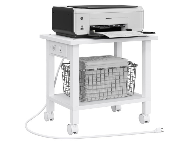 Printer Stand, 2 Tier Rolling Printer Cart with Charging Station Small Under Desk Printer Table with Wheels for Small Space, Office, Home, White...