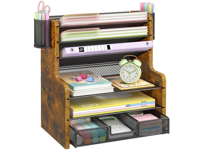 6-Tier Mesh Desk Organizer with Drawer, Wooden Office Organizer for Papers, Folders & Office Supplies - Sturdy Desktop File Holder with 2 Pen...