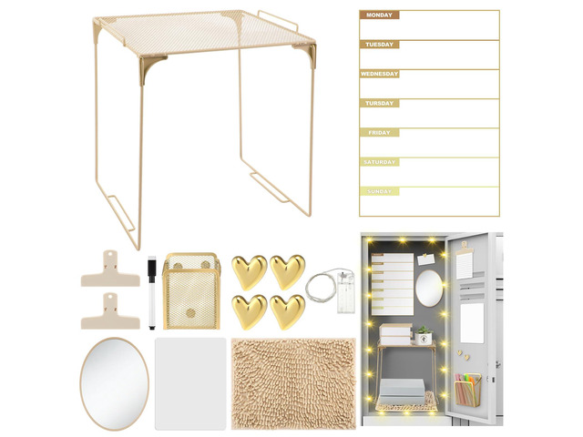 Gold Locker Accessories Kit,14 Pcs Storage Organizer, Heart Style Magnetic Whiteboard, Shelf, Course Schedule, Mirror, Pen Holder, Dry Erase Pen,...