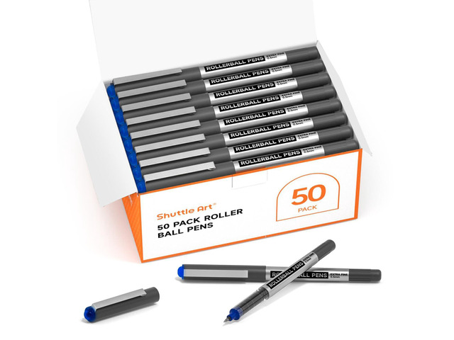 RollerBall Pens, 50 Pack Blue Fine Point Roller Ball Pens, 0.5mm Liquid Ink Pens for Writing Journaling Taking Notes School Office