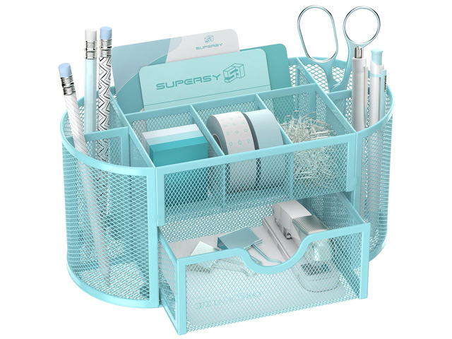 Mesh Desk Organizer with Drawer, 9-Compartment Pen Holder for Desk, Blue Pull-Out Drawer Stores Pens, Pencils, Clips, Notes, and Small Office or...