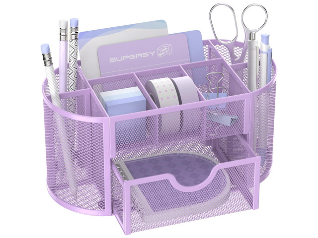 Mesh Desk Organizer with Drawer, 9-Compartment Pen Holder for Desk, Purple Pull-Out Drawer Stores Pens, Pencils, Clips, Notes, and Small Office or...