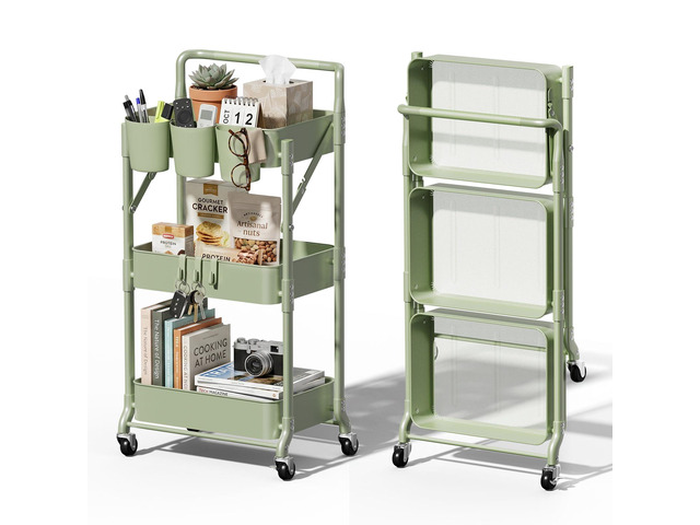 Foldable 3 Tier Rolling Cart, Metal Utility Cart with Wheels Collapsible Rolling Storage Cart with 3 Hanging Cups, Folding Storage Trolley...