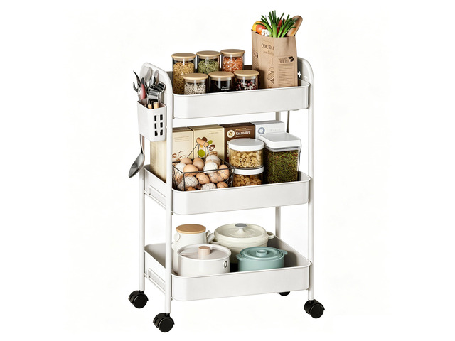Heavy-Duty Rolling Cart 3 Tier Metal Utility Storage Cart with Casters, Hooks & Hanging Cups, Rolling Storage Organizer for Kitchen Office Craft...