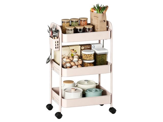 Heavy-Duty Rolling Cart 3 Tier Metal Utility Storage Cart with Casters, Hooks & Hanging Cups, Rolling Storage Organizer for Kitchen Office Craft...