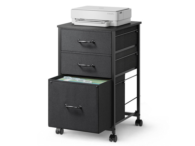 Mobile File Cabinet, Rolling Printer Stand with 3 Drawers, Fabric Vertical Filing Cabinet fits A4 or Letter Size for Home Office, Black