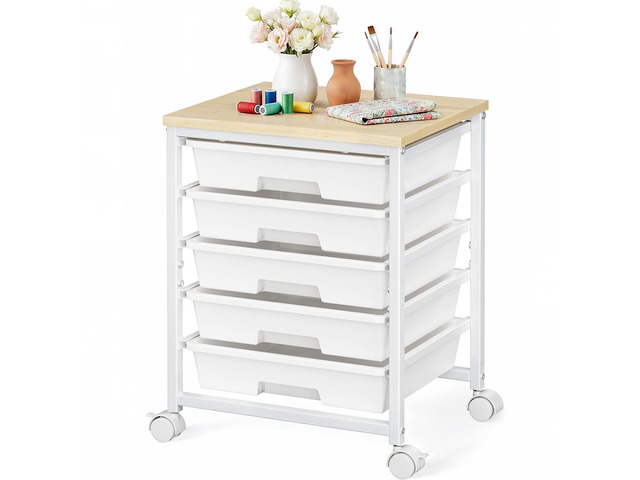 Rolling Cart with 5 Drawers, Craft Storage Cart, Class White Smooth Drawer Tracks, Easy-Grip Handles, 2 Lockable Wheels, Sturdy Metal Frame, Thick...