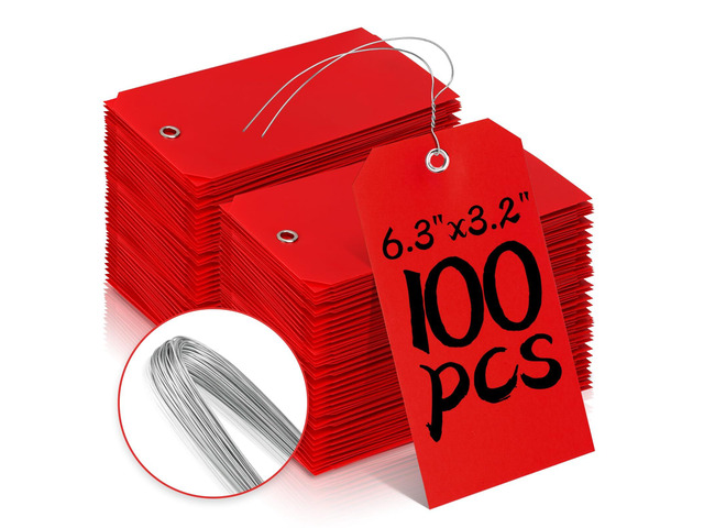 100 Plastic Shipping Tags - Red, 6 1/4' x 3 1/8', Waterproof, Durable, Reinforcement Hole, Stacking Labels for Equipment Parts