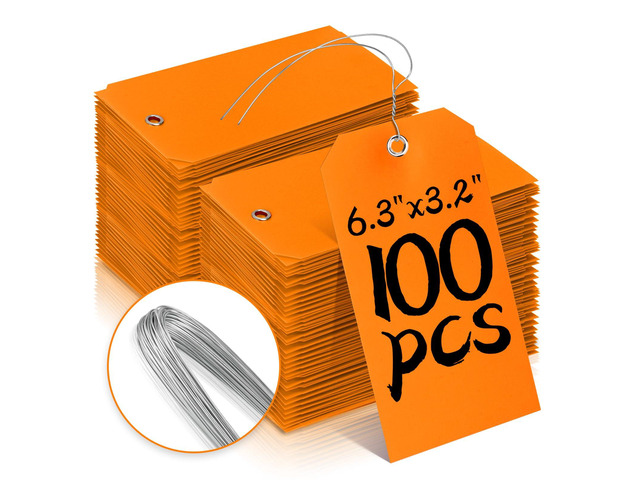 AmazonBasics 100pc Plastic Shipping Tags - BrieFcase Wires, Blank with Reinforcement Hole, Orange, 6 1/4' x 3 1/8' Durable Waterproof Hang Tags