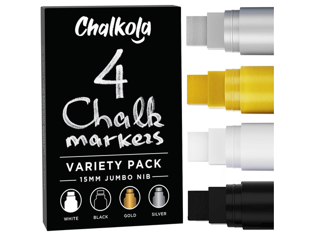 15mm Jumbo Washable Car Window Markers White, Black, Gold Silver 4, 15mm Chalk Pens - Safe Erasable Liquid Paint Chalk Markers for Blackboard...