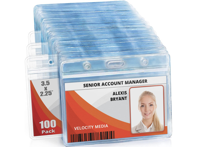 2.25x3.5 Horizontal ID Card & Name Badge Holder - Resealable, 100 Pack clear plastic identification name tag holders, soft edge, zipper seal,...