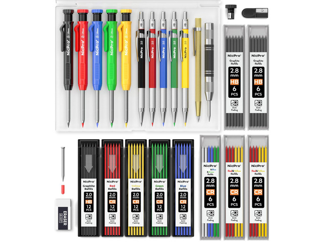 27 Pack Carpenter Pencils for Woodworking Construction Mechanical Pencil with 100 Refill, Automatic Center Punch, Carbide Scribe Carpenter Tool,...